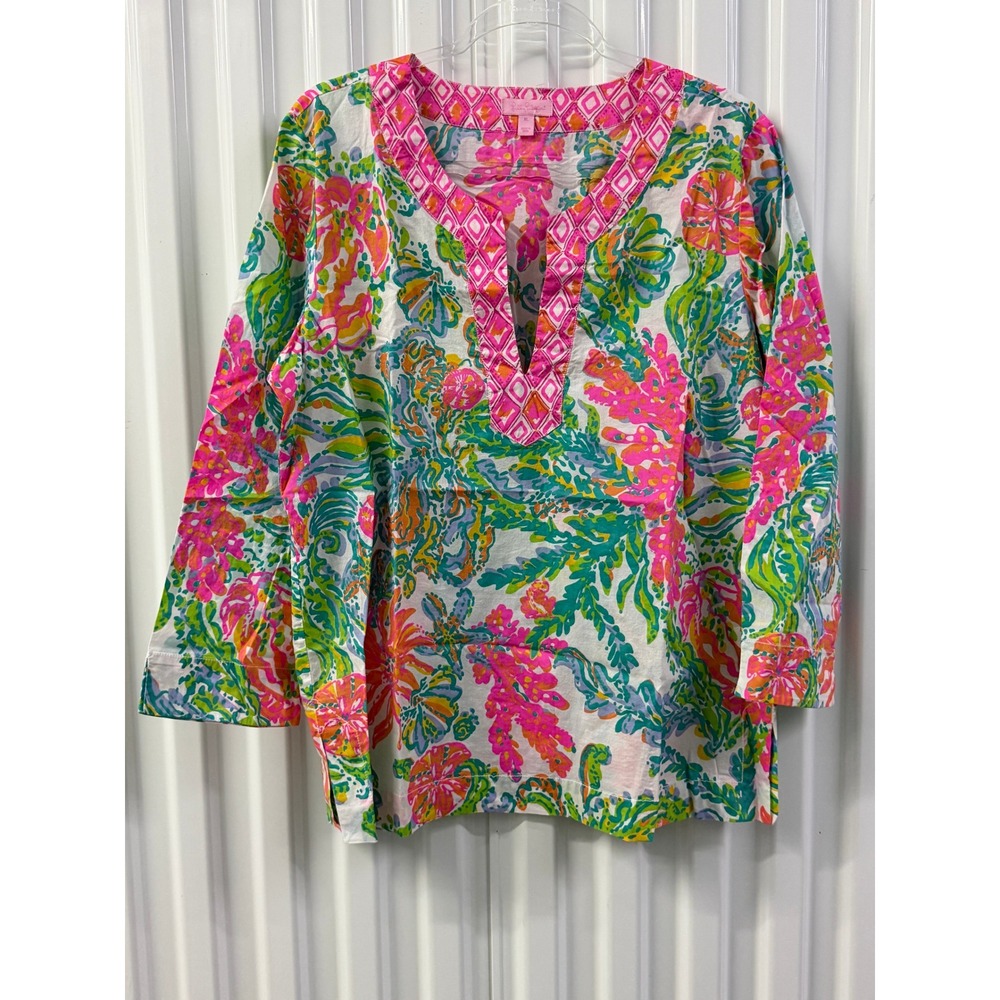 Lilly Pulitzer Tunic Top Womens XL Multicolor Excellent Tropical Cotton V-Neck